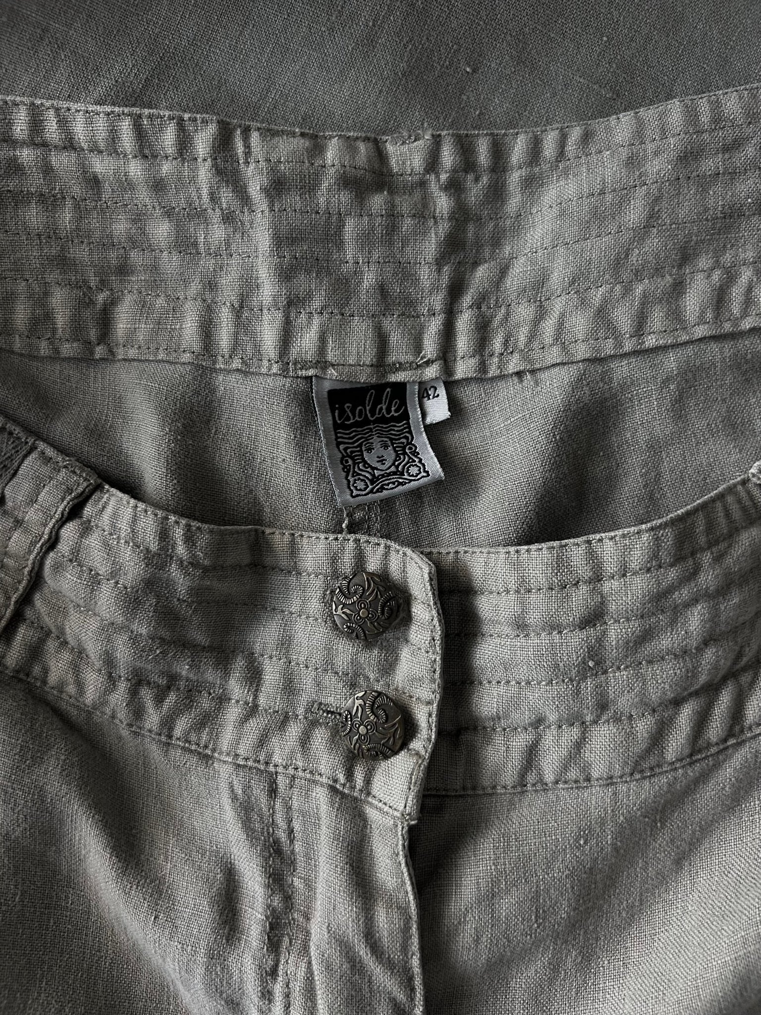 Preloved Isolde pellavahousut, harmaaruskea, L Siloa Secondhand – huollettu ja kuntotarkastettu