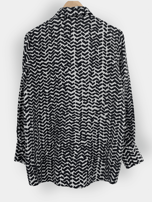 Preloved Marimekko silkkipaita, luonnonvalkoinen/musta, S Siloa Secondhand – huollettu ja kuntotarkastettu