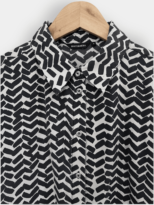 Preloved Marimekko silkkipaita, luonnonvalkoinen/musta, S Siloa Secondhand – huollettu ja kuntotarkastettu